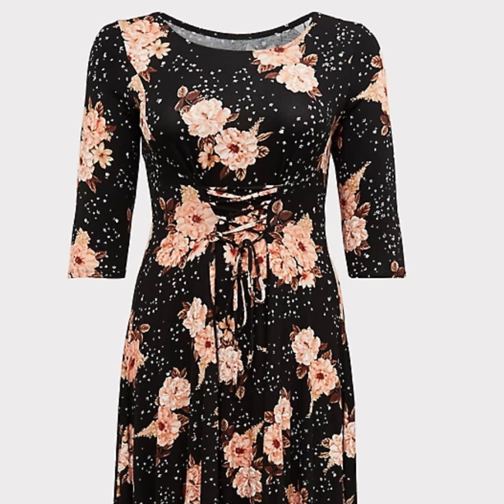 Black Floral Jersey Corset Back Midi Fluted Dress